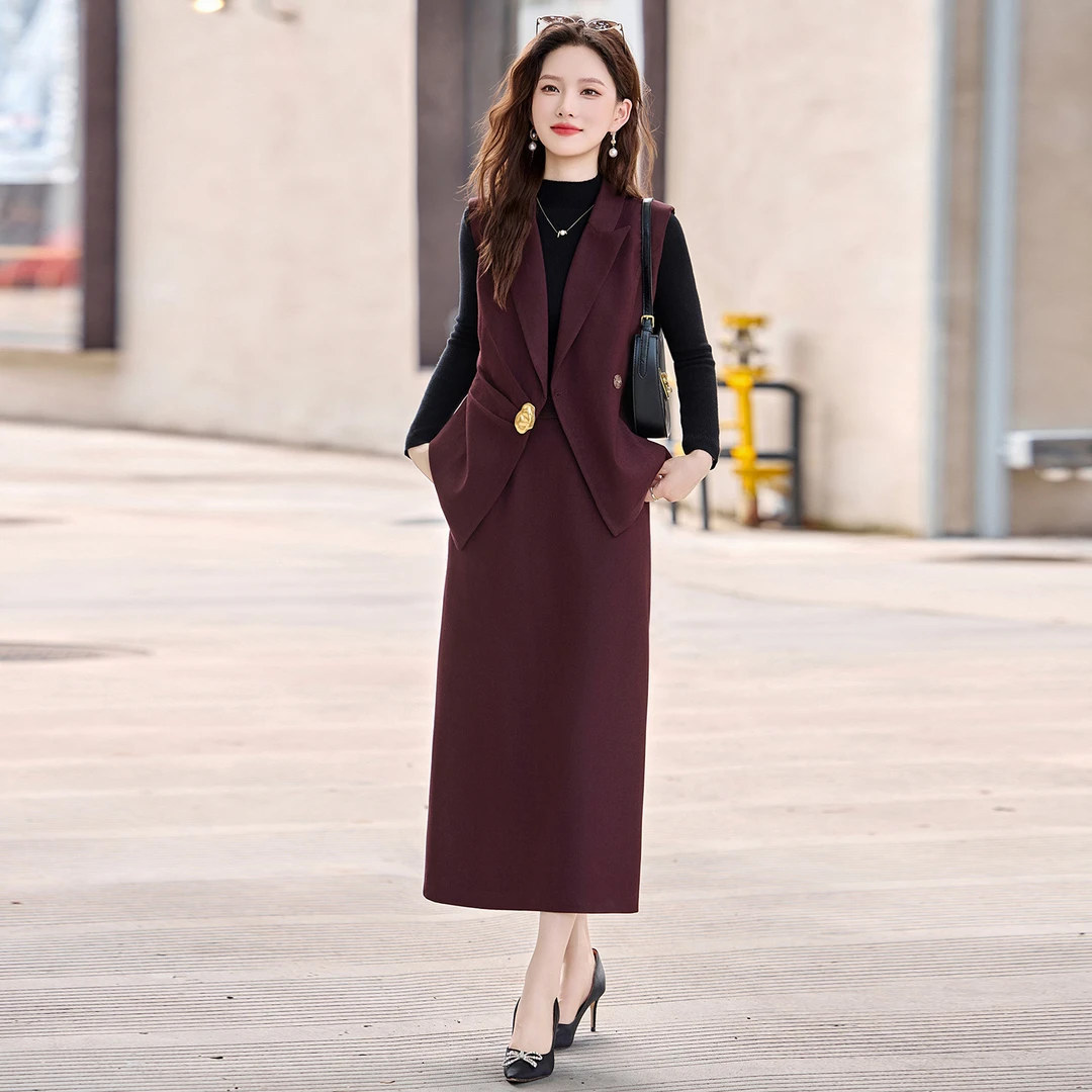 秋季时尚休闲套装西装领无袖马甲打底衫半裙三件套显瘦气质秋装