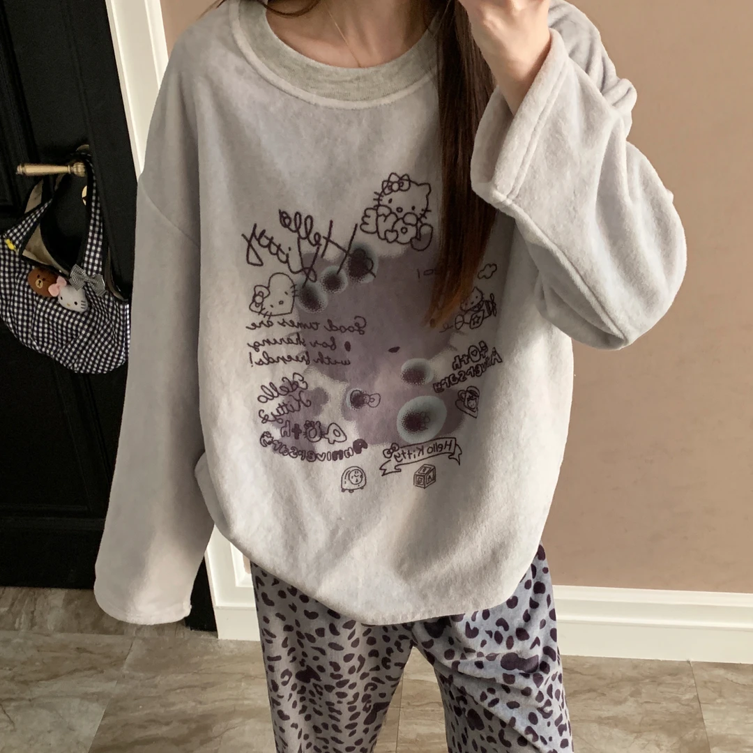 睡衣女秋冬季珊瑚绒大码加厚25新款法兰绒豹纹猫套装可外穿家居服