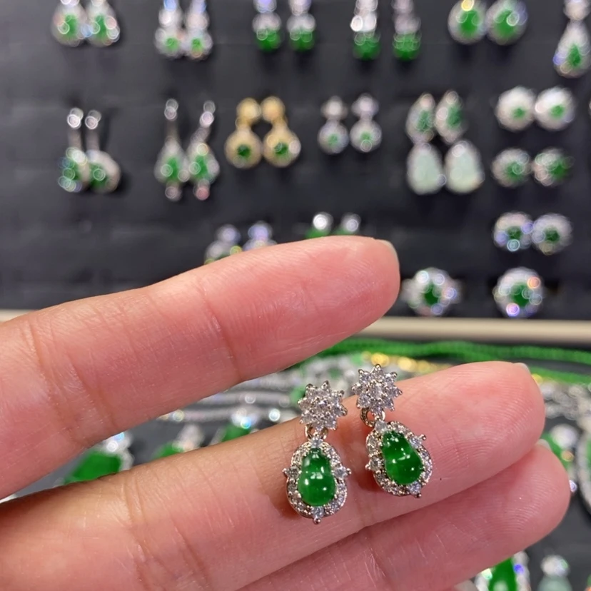 【闪购商品】翡翠耳饰银S925镀金镶嵌