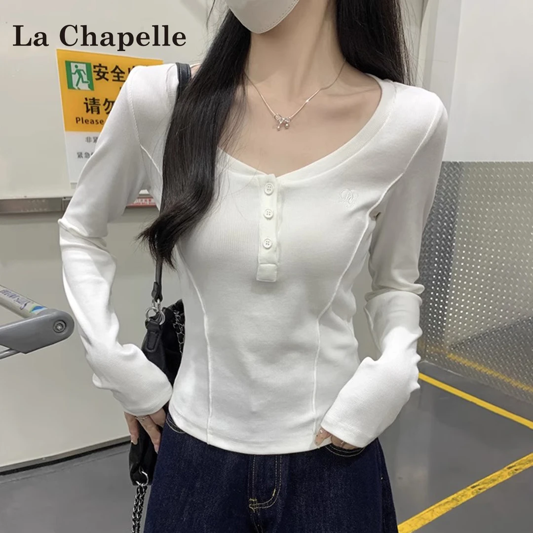 拉夏贝尔鱼骨显瘦设计感长袖T恤女韩版圆领老钱风百搭老钱风女装