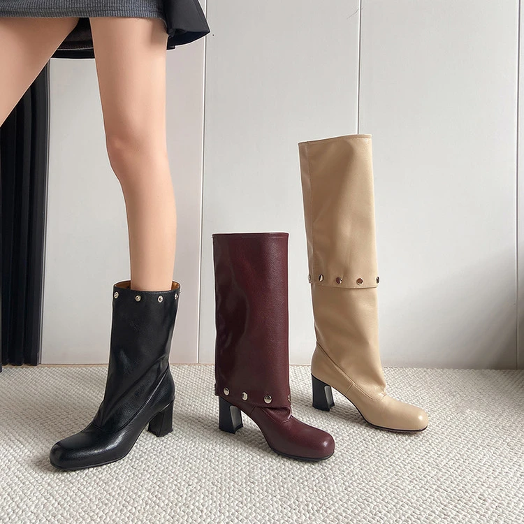 羊皮版~可拆卸一鞋三穿真皮高跟骑士靴粗跟拼接西部靴裤管靴