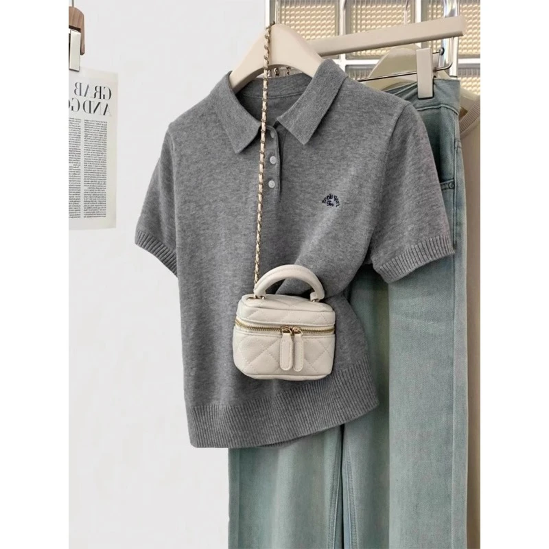 灰色正肩针织短袖t恤女夏夏季2025新款polo衫显瘦欧货短款上衣