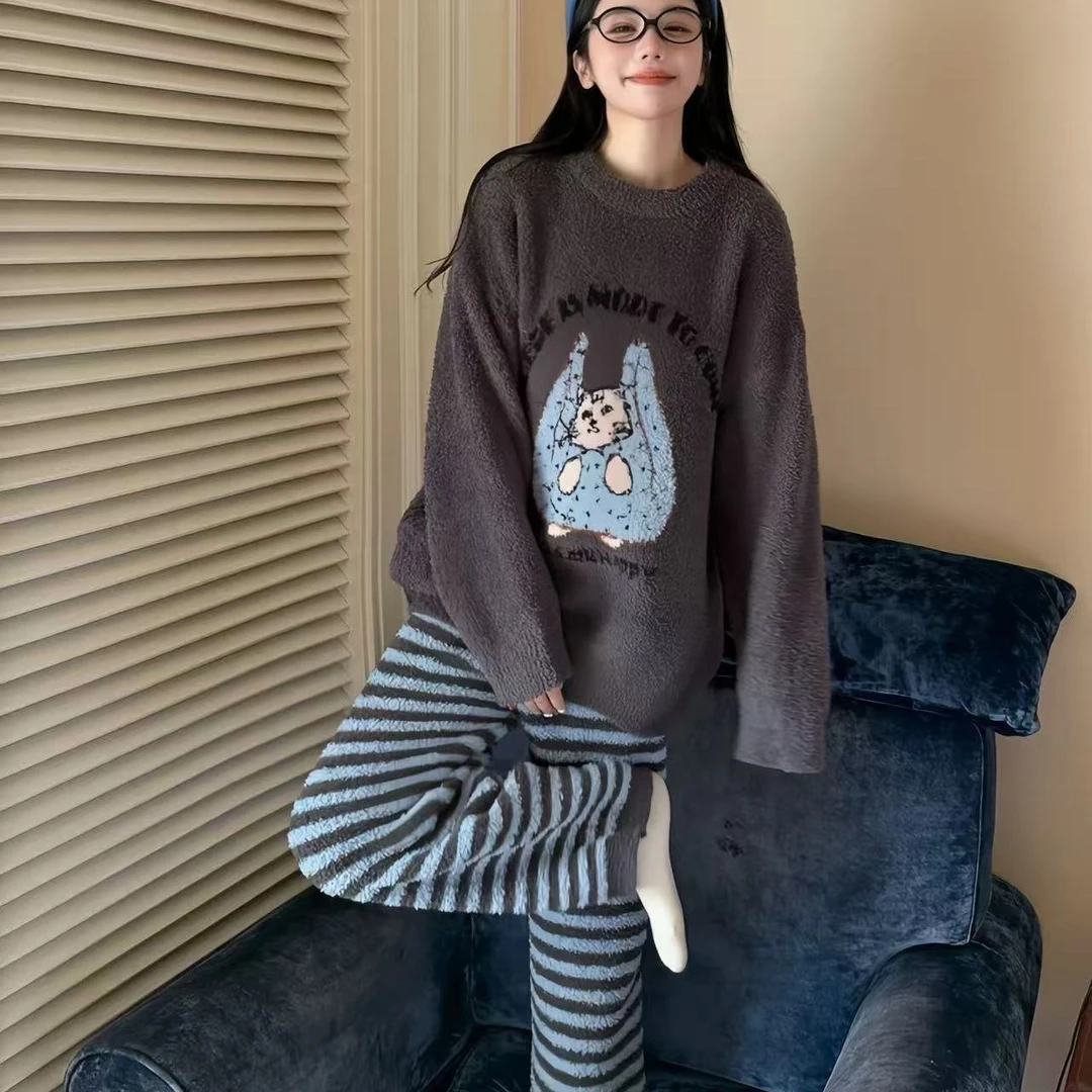 可爱猫咪半边绒睡衣女秋冬加绒加厚保暖柔软绵绵家居服套装可外穿