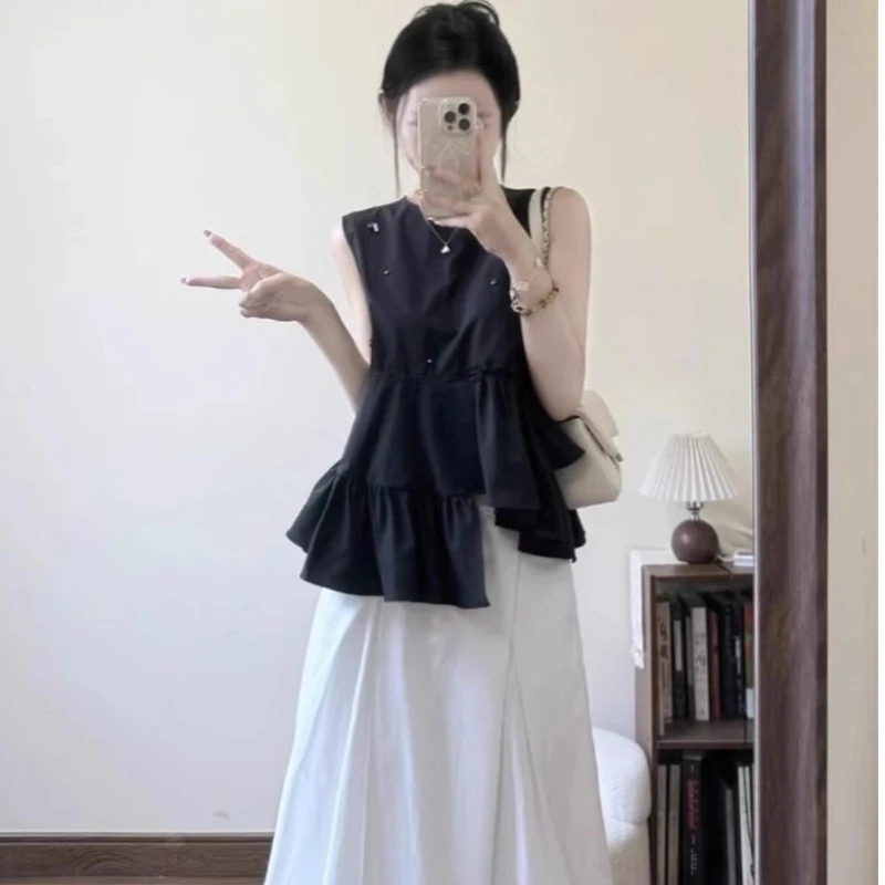 时尚设计感不规则荷叶边无袖背心女夏季小个子休闲宽松辣妹小上衣