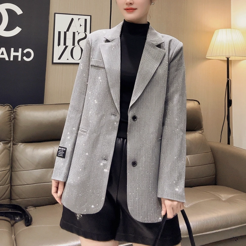 【合肥欢欢】68333#欧货重工烫钻西装外套女春秋时尚百搭宽松韩版潮