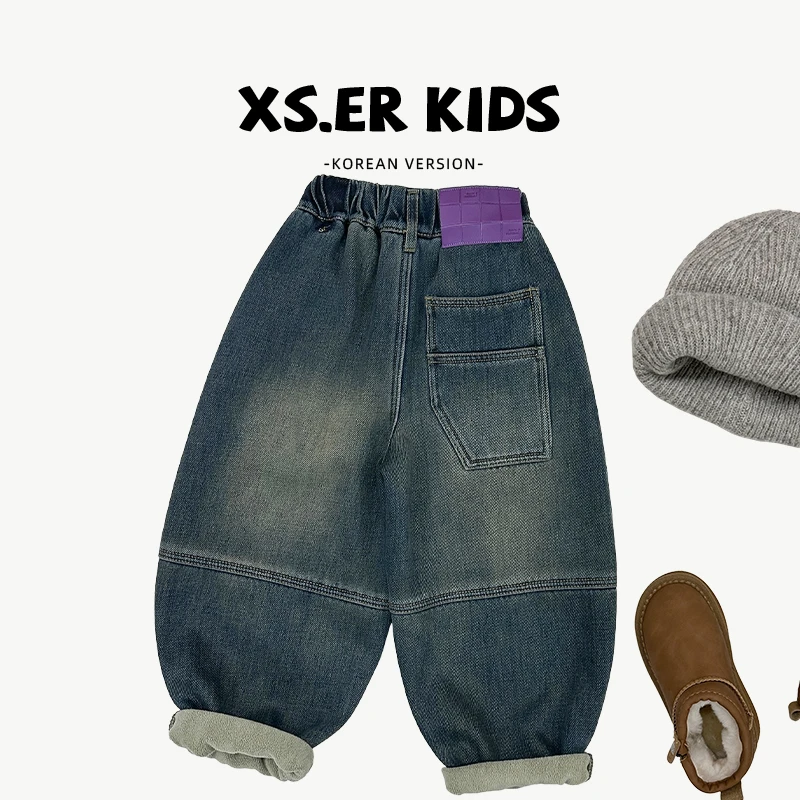 【小首尔】现货-qc3男女童冬贴标潮流保暖加绒加厚牛仔裤HBB6606