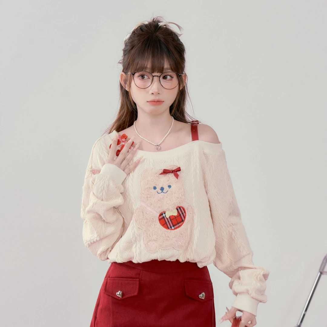 椰椰草莓 织物猪原创 元气减龄露肩辣妹氛围感上衣穿搭红色半裙子