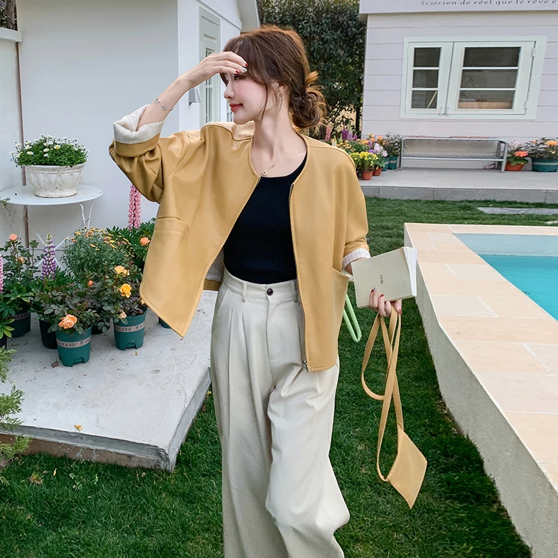 休闲黄色短款皮衣外套女2025年春秋新款小个子简约百搭PU夹克上衣