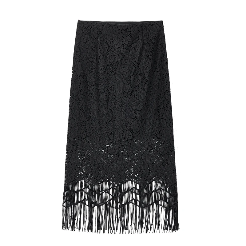 【达人专属】设计感蕾丝半身裙黑色百搭流苏包臀裙S2247