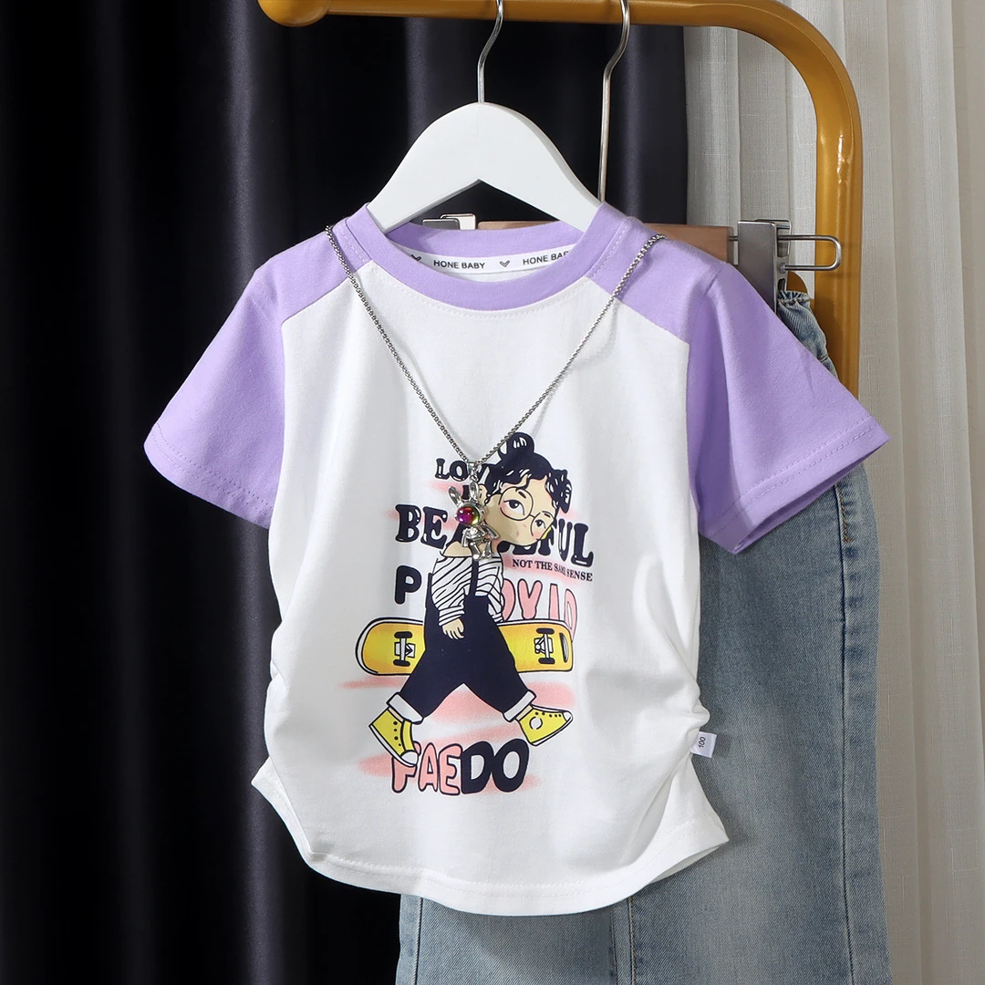 女童韩版T桖印花插肩短袖时尚撞色新款2025洋气半袖夏女童t恤短袖