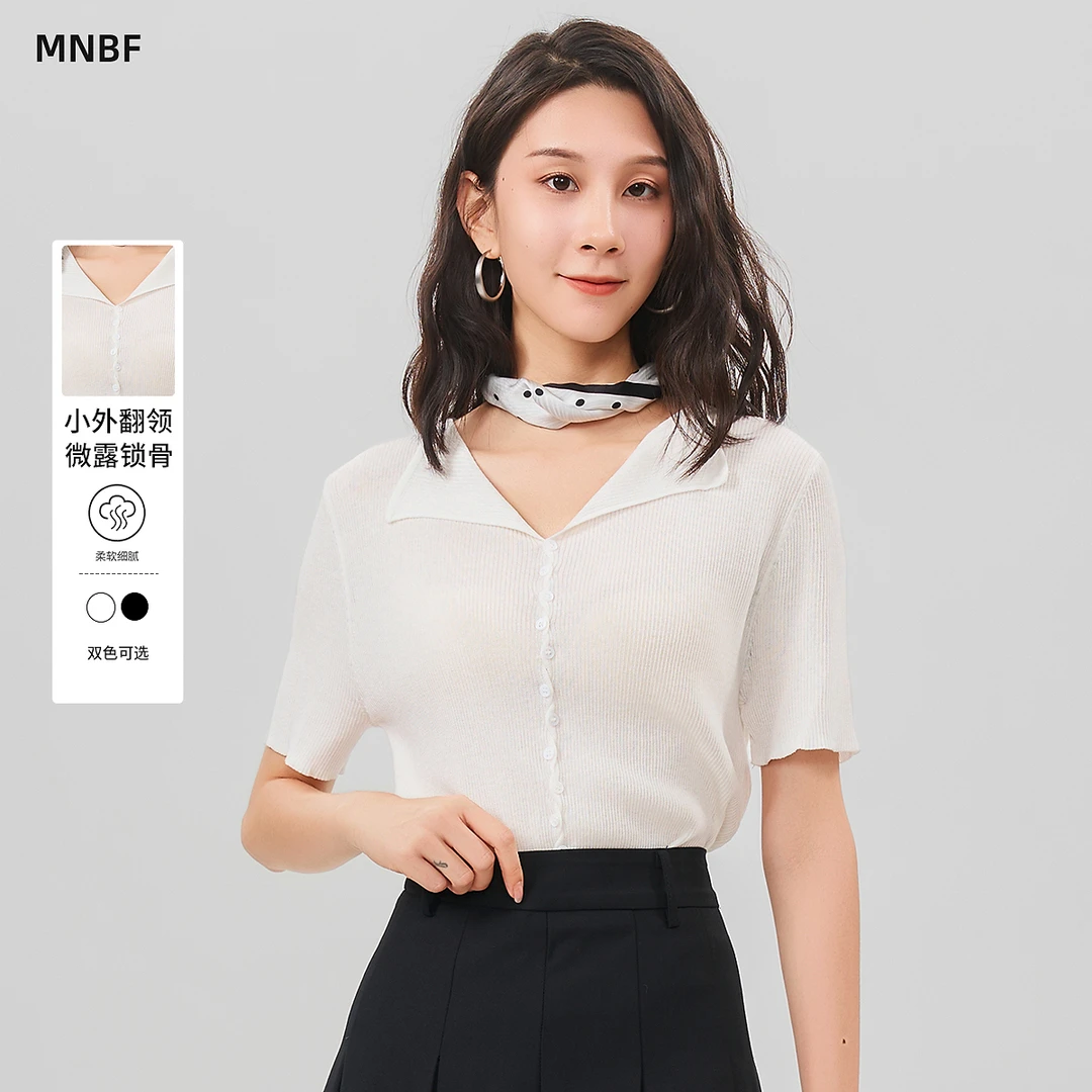 [新款] 夏季黑色简约小翻领针织衫短袖T恤女减龄DMFCM121103