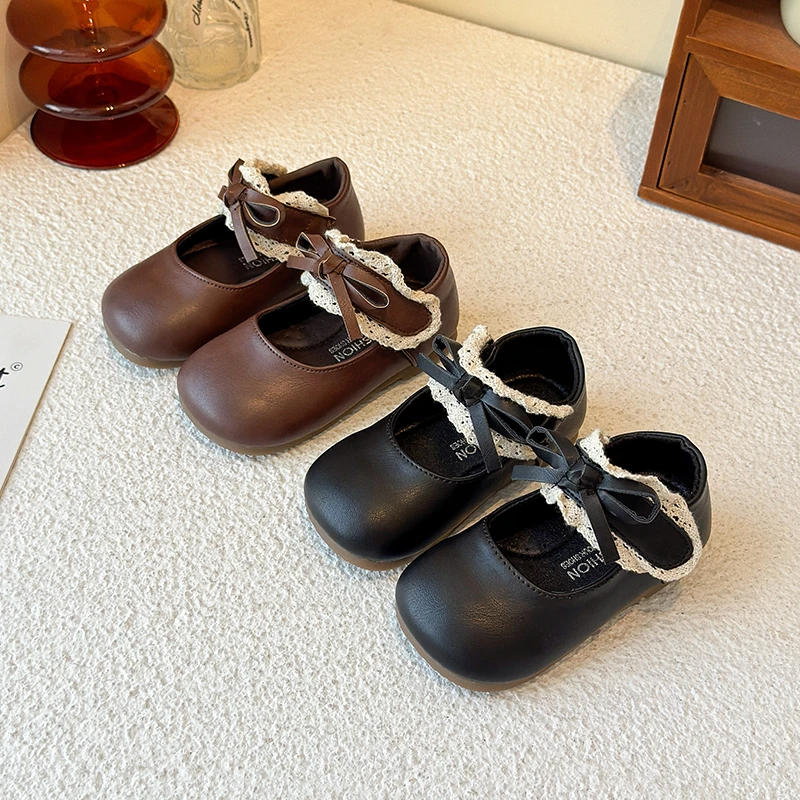 女童皮鞋2025秋季新款公主蝴蝶结圆头小女孩单鞋浅口软底豆豆鞋潮