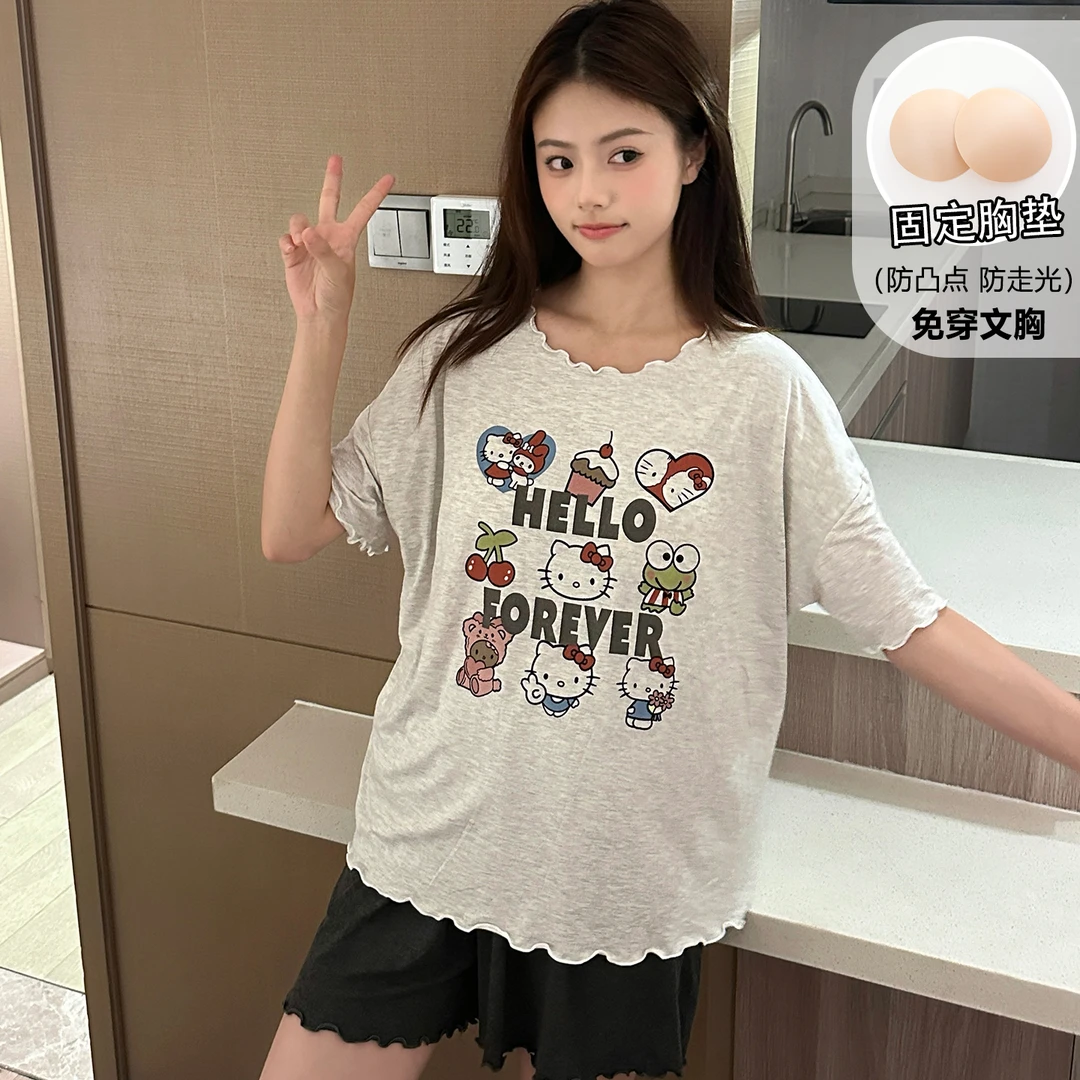 短袖女款带胸垫夏季莫代尔棉舒适薄款森系睡衣免穿文胸家居服套装