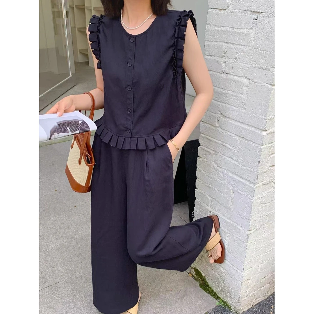 欧洲站2025夏新款百搭圆领木耳边无袖马甲+阔腿裤两件套装女显瘦