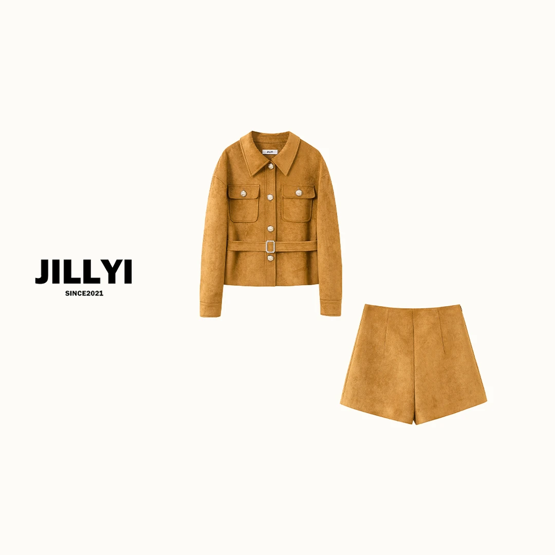JILLYI珠海店【弗洛伦萨】焦糖色老钱风外套+焦糖色短裤时尚套装