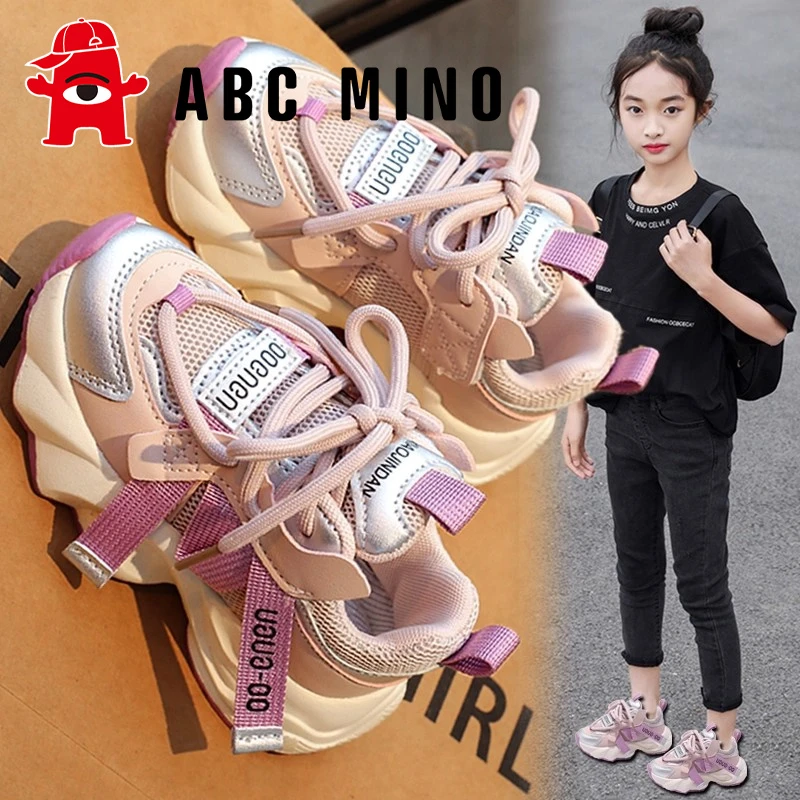 ABC MINO女童鞋子秋款儿童网面运动鞋女孩软底公主老爹鞋大童透气