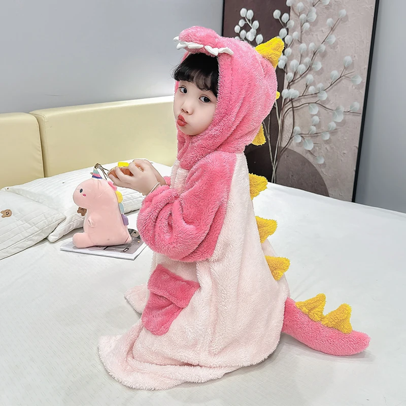 女童恐龙睡袍秋冬季珊瑚绒加厚女宝宝法兰绒睡衣儿童可外穿家居服