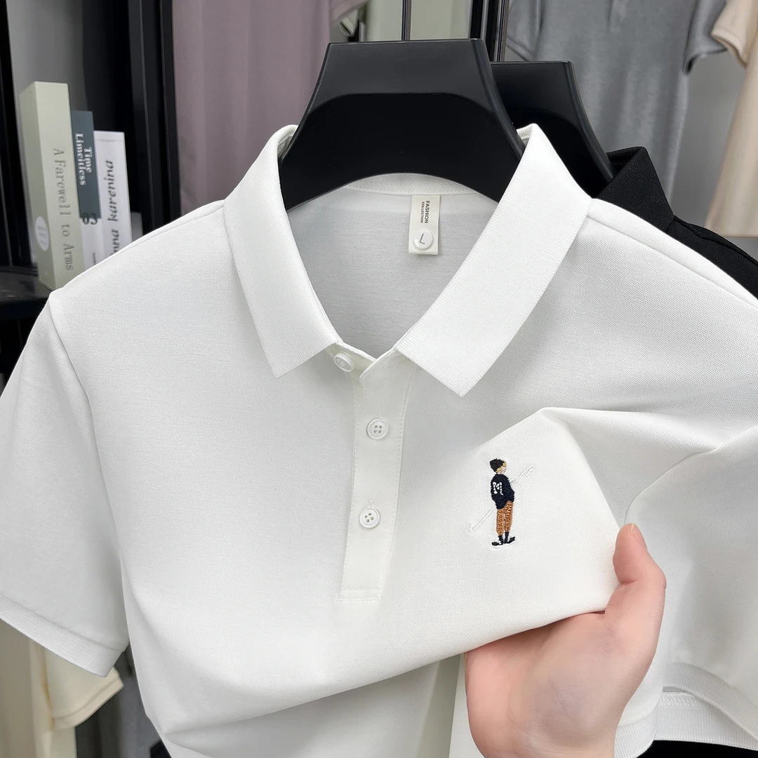 CATIA SELI冰丝白色t恤男短袖新款polo衫男青年时尚高端棉体恤衫