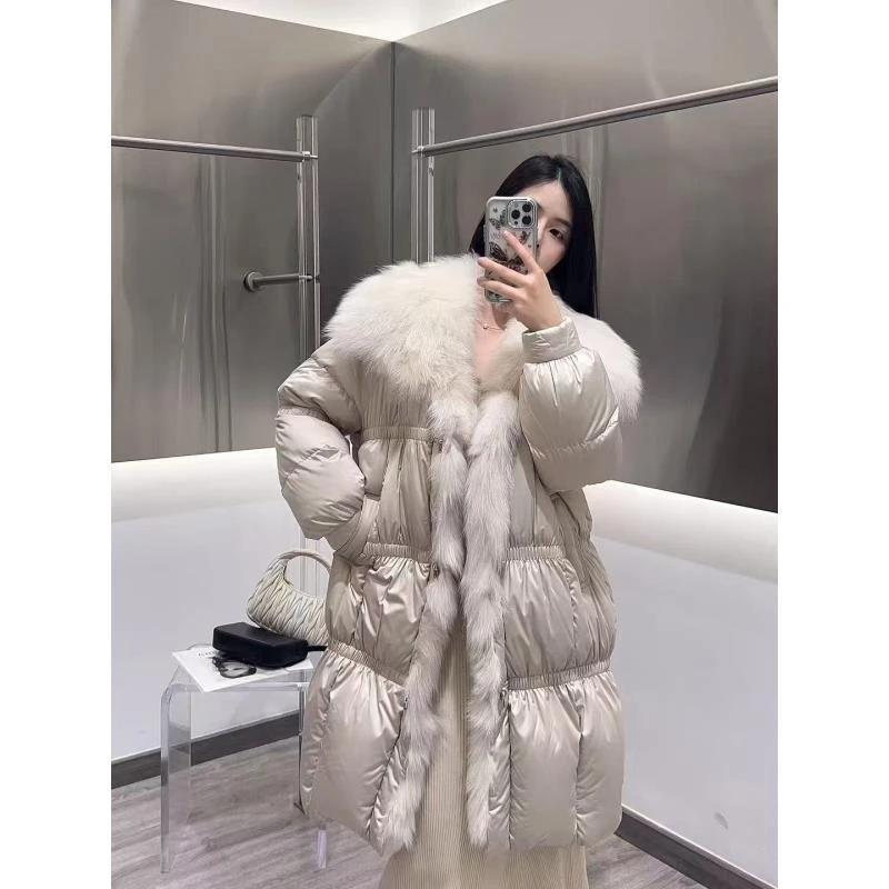 高端皮草羽绒服女冬新款大狐狸毛领修身加厚保暖鹅绒服中长款3180