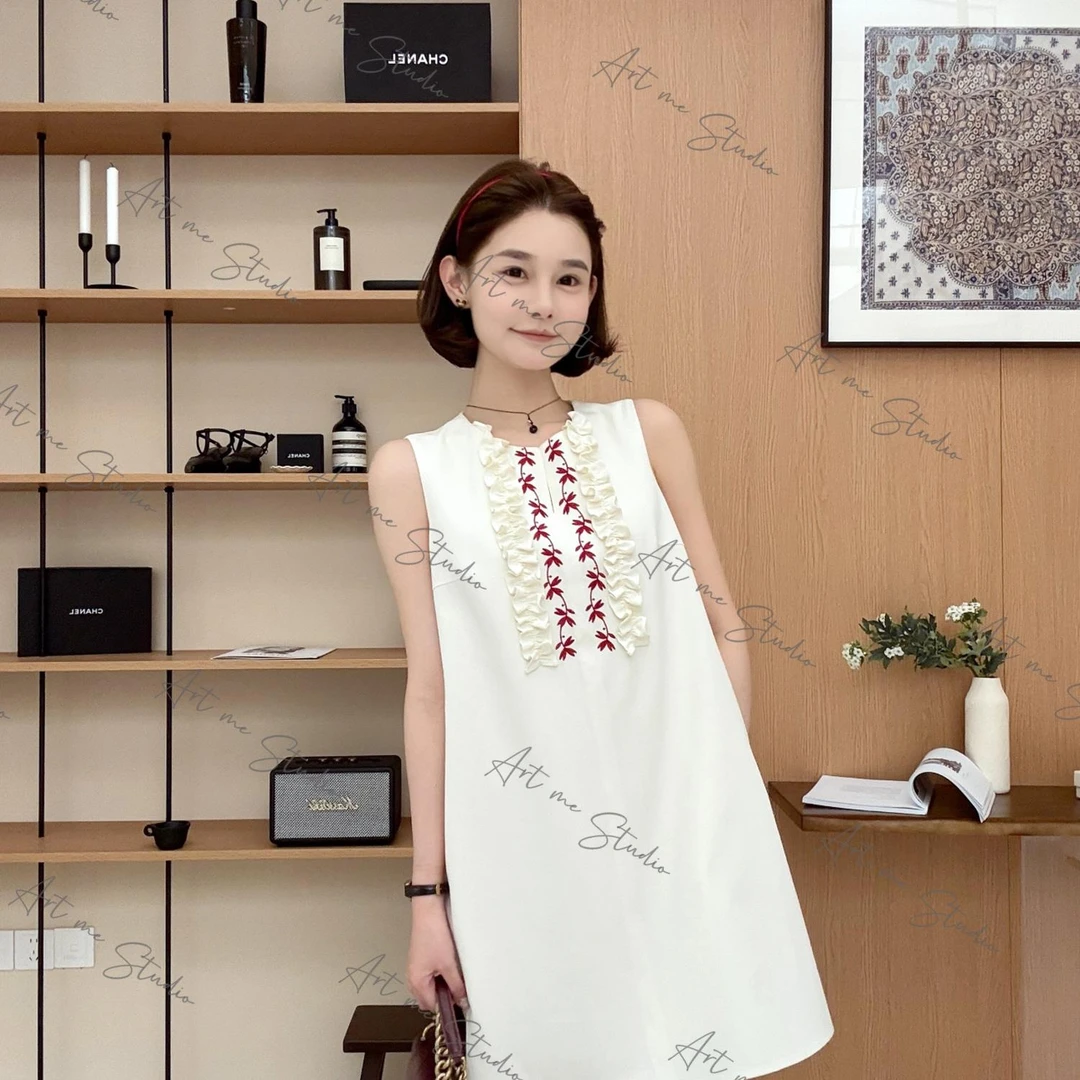 【莱赛尔棉混纺】手工立体重工直筒捏褶短款三色无袖连衣裙w1561p1