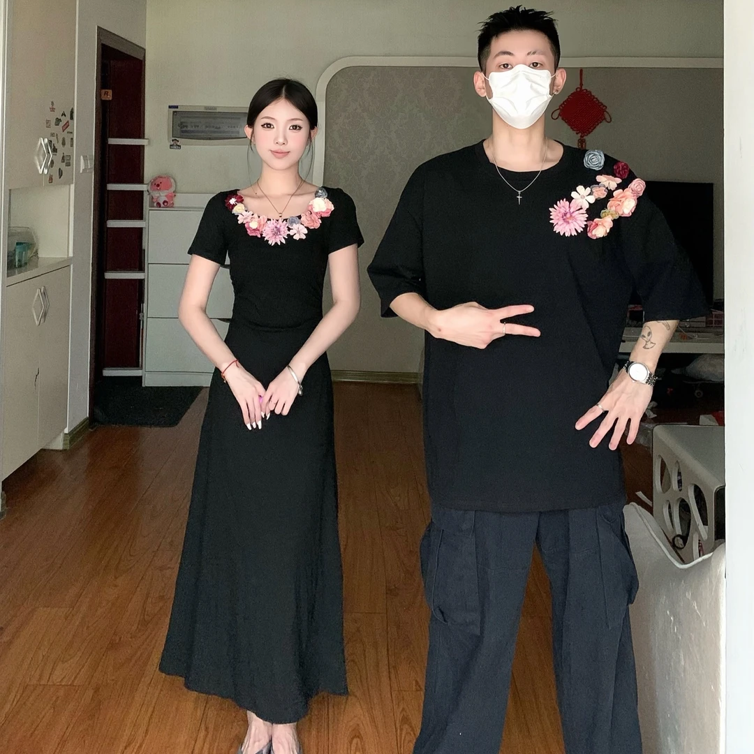 白色小众设计感情侣装夏季约会连衣裙短袖t恤男开衫女气质一衣潮