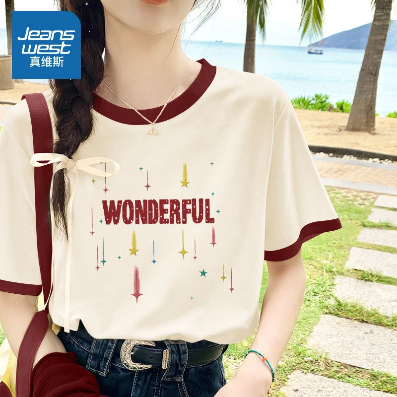 真维斯撞色纯棉短袖t恤女2025新款夏季小个子体恤衫宽松美式上衣