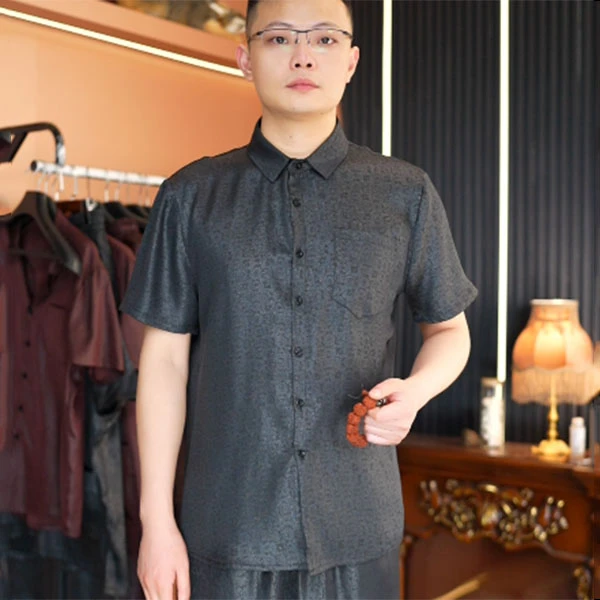 新款套装香云纱桑蚕丝男士中国风短袖唐装复古薄款中式半袖休闲