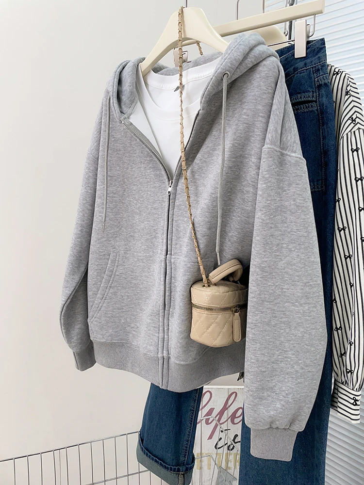 连帽卫衣外套女灰色开衫女春秋休闲宽松小个子情侣慵懒风运动卫衣