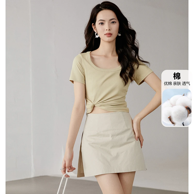 晚白【新品】2025夏上衣弹力棉质短袖女25010602