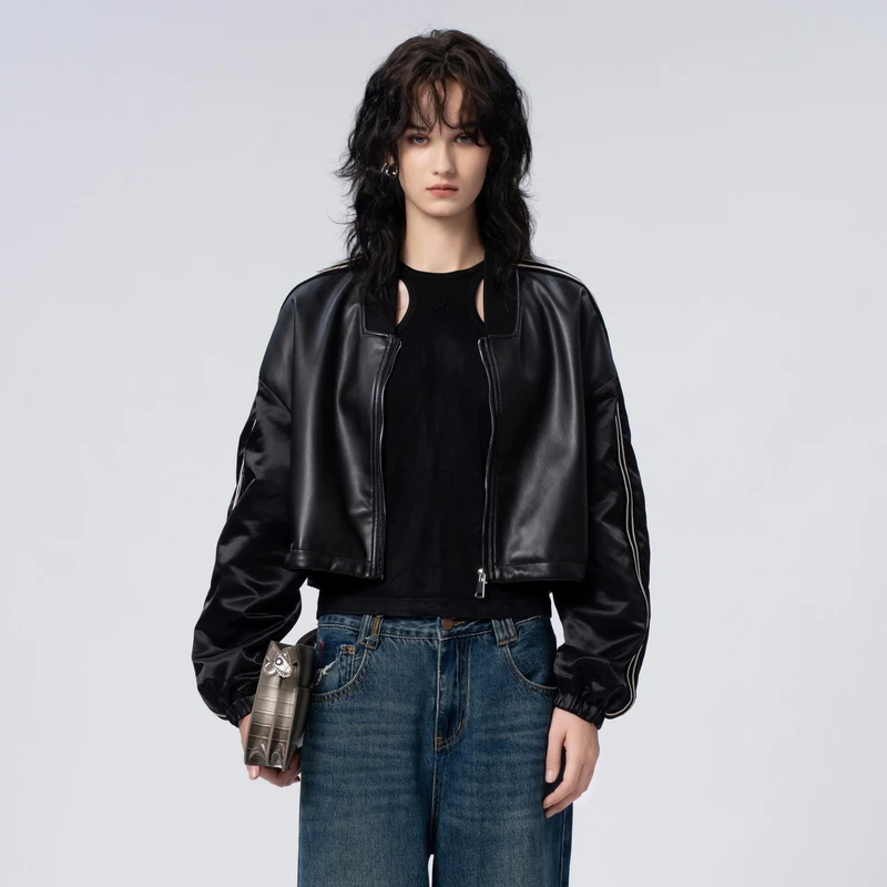 U/TI 蛋白皮美式皮夹克女柔软百搭光泽感休闲潮短款酷帅气质外套