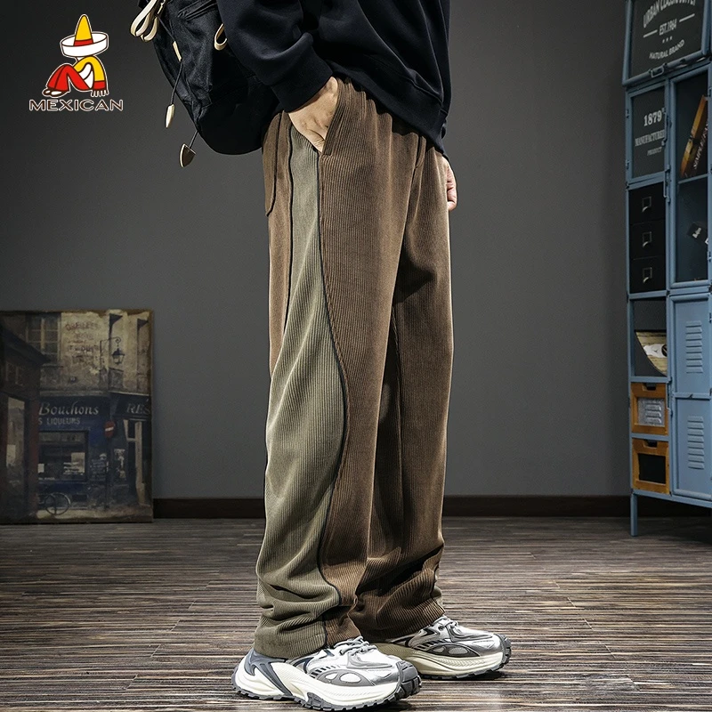 Mexican/稻草人秋季灯芯绒直筒休闲裤男款宽松撞色阔腿垂感长裤潮