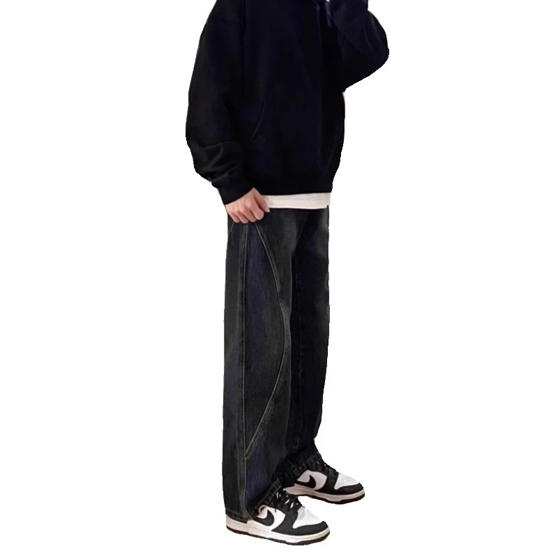 宽松直筒设计感分割休闲裤男潮流ins风高街牛仔裤轻奢痞帅