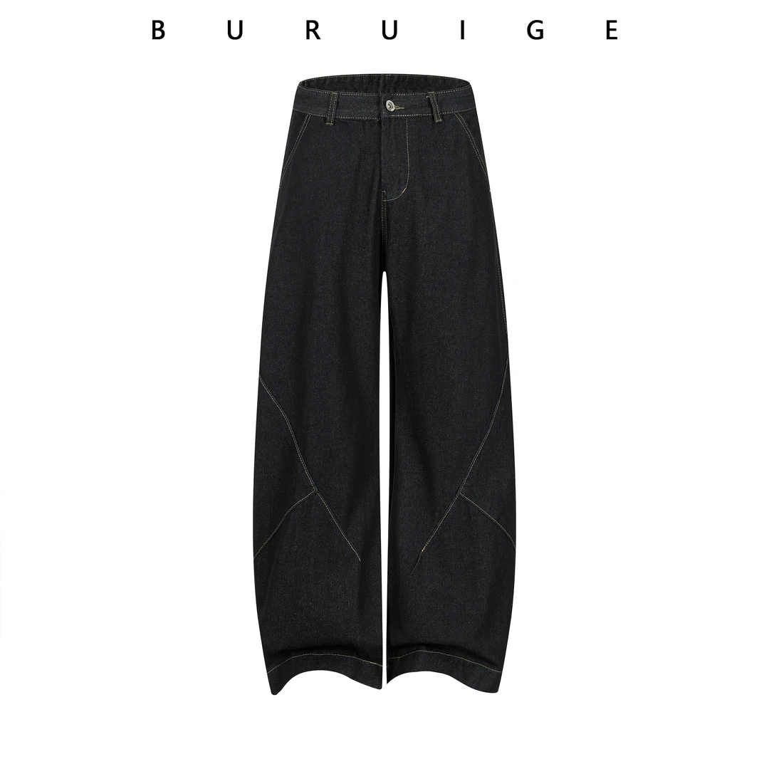BURUIGE美式明线解构设计丹宁黑色水洗牛仔裤宽松直筒弯刀牛仔裤