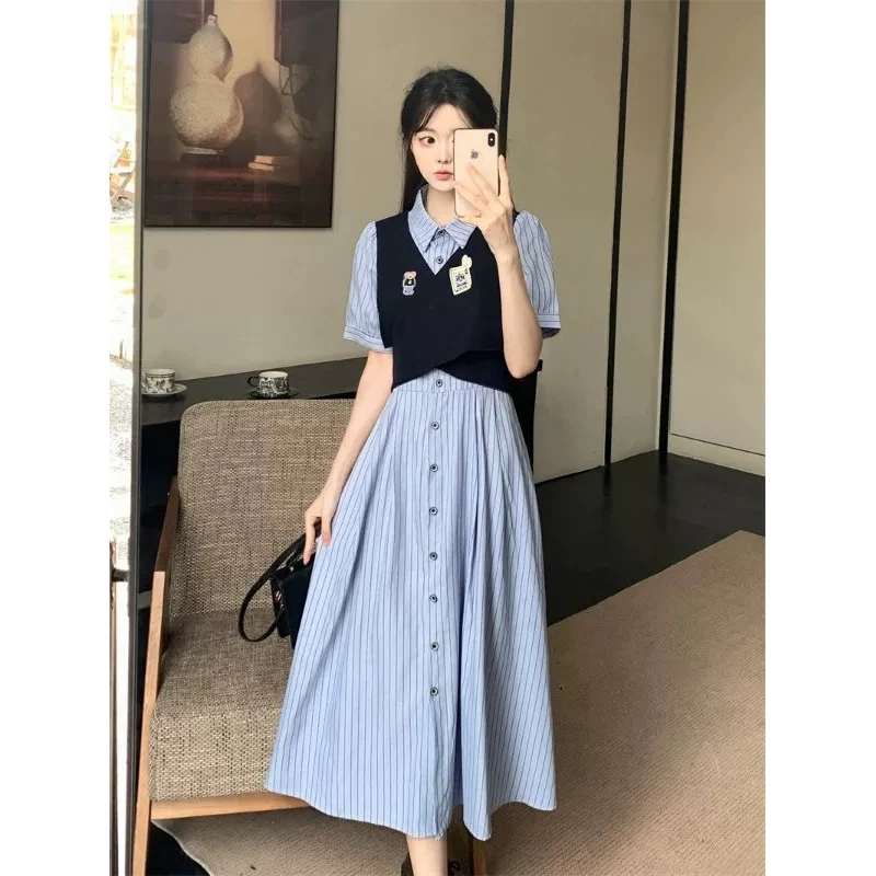 法式设计感学院风衬衫连衣裙夏季气质显瘦减龄假两件条纹长裙子