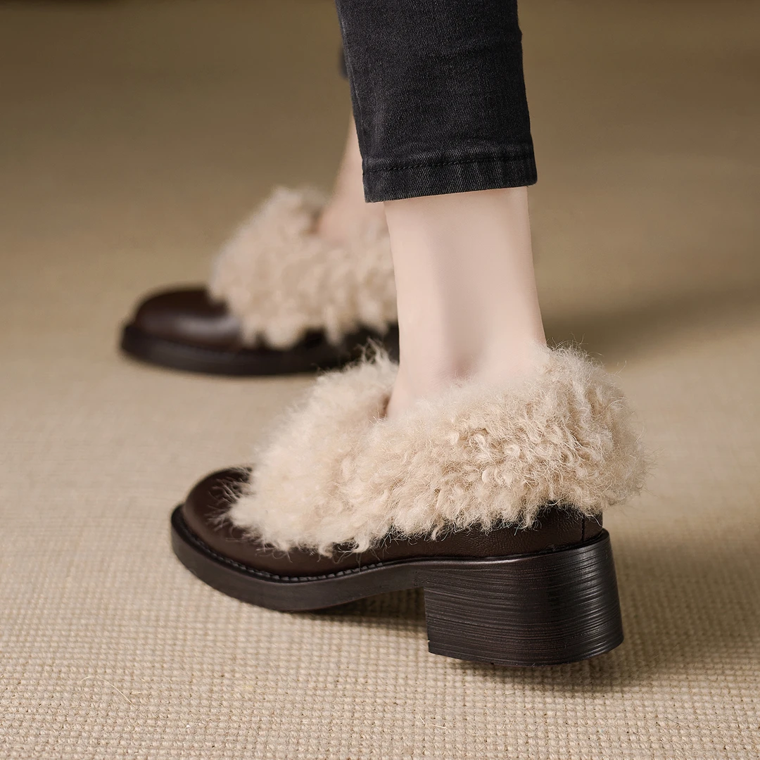 4.5cm~女冬外穿乐福毛毛鞋新款真皮加绒保暖单鞋女一脚蹬小皮鞋