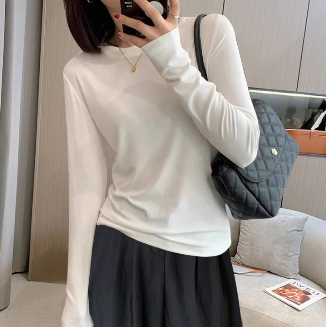 【司晨】春秋季大码长袖T恤打底衫女修身内搭小立领百搭上衣