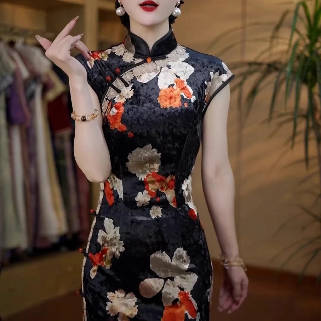 高端时尚复古中国风改良旗袍印花长裙女气质收腰显瘦阔太太连衣裙