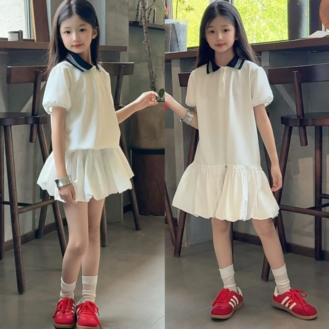 女童学院风连衣裙夏季POLO领连衣裙洋气翻领韩版夏装白色小女孩