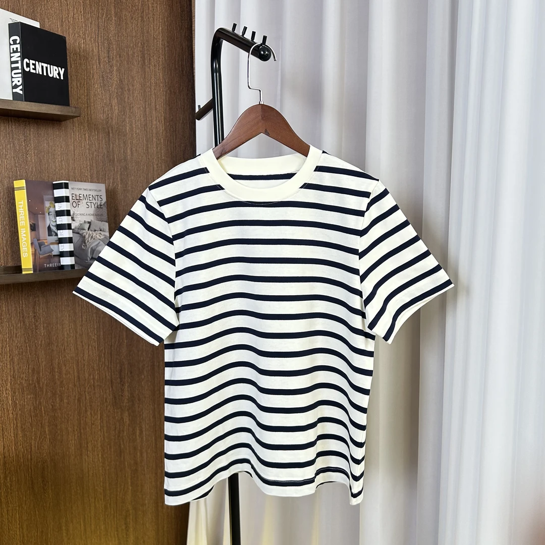 Diana-Tamara陈想 撞色时尚设计感藏青条纹圆领T恤 CX25TS1002