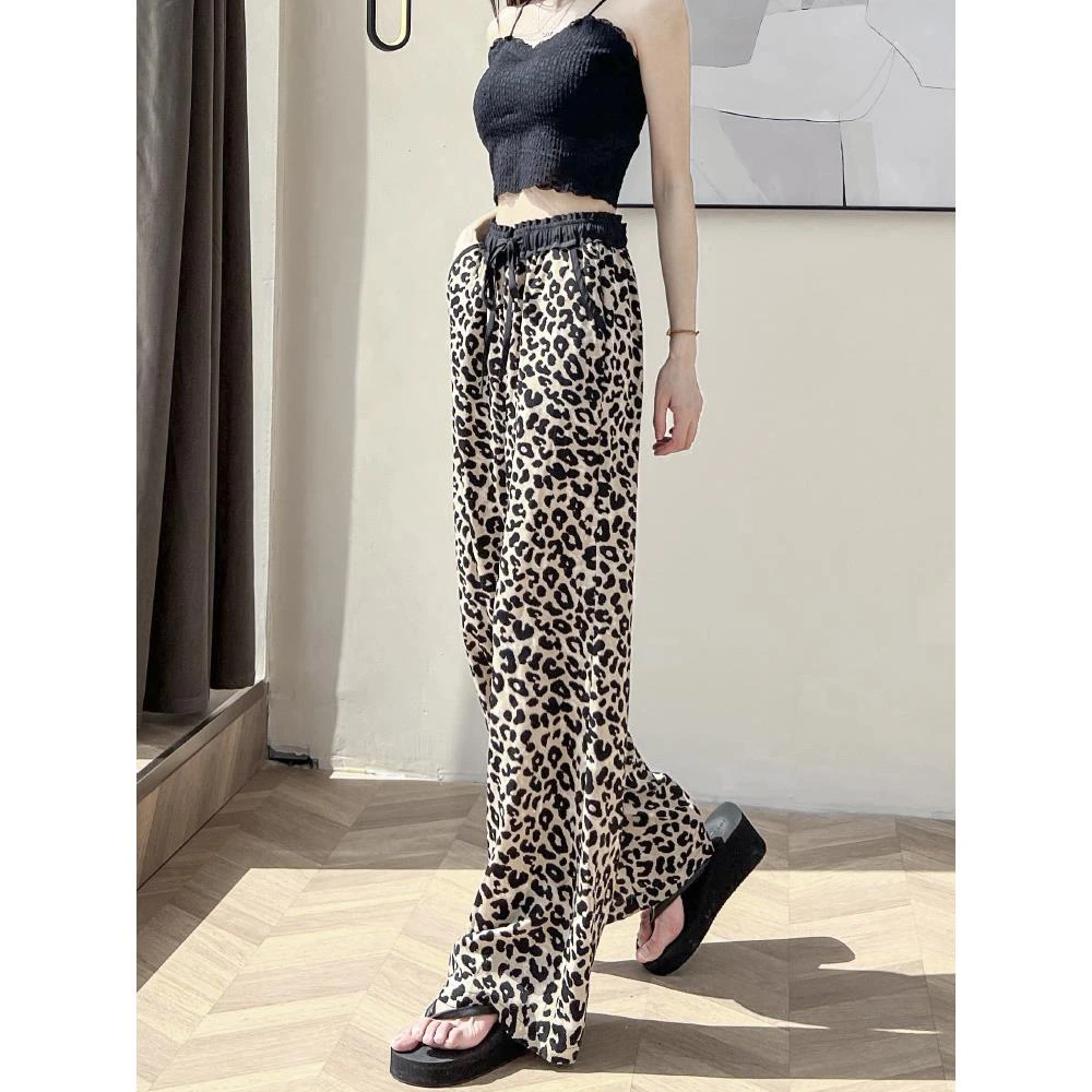 豹纹冰丝阔腿裤女雪纺女裤高腰垂感小个子摩登抖抖裤夏季薄款裤子