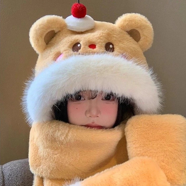 可爱蛋糕小熊帽子围巾一体2025年冬季保暖防寒显脸小护耳雷锋帽JY