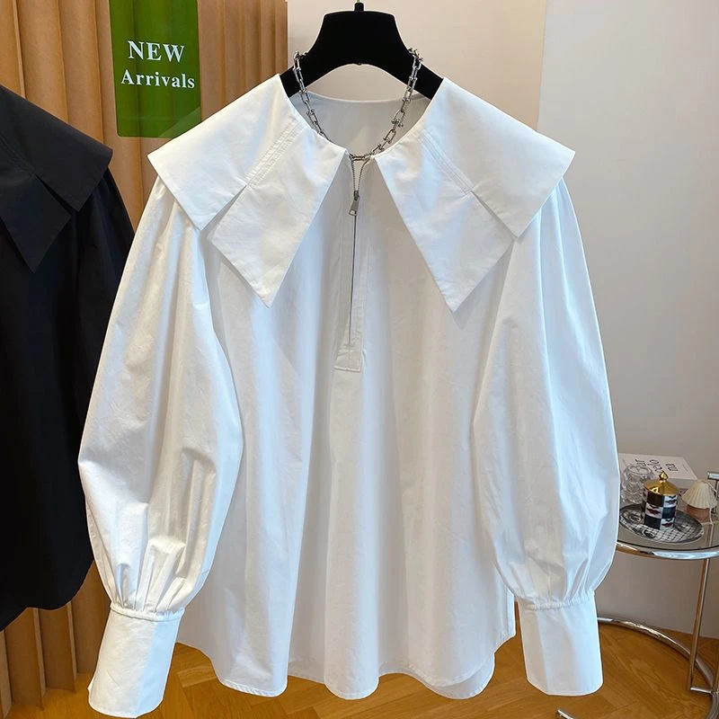 纯棉大码白色衬衫女长袖2025新款宽松减龄胖mm灯笼袖衬衣上衣春