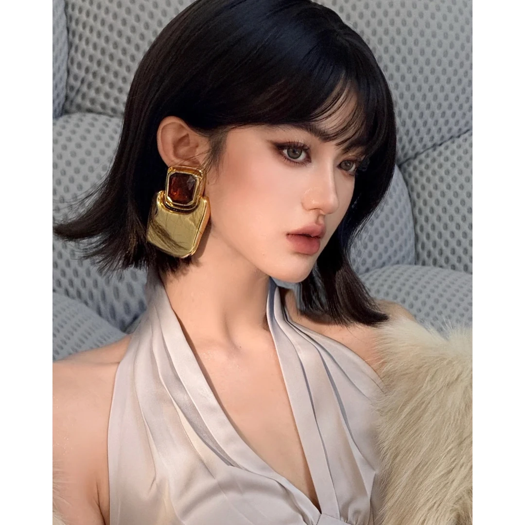 合金仿水晶耳饰 小南一 ｜明星同款夸张大镜面时尚几何耳环