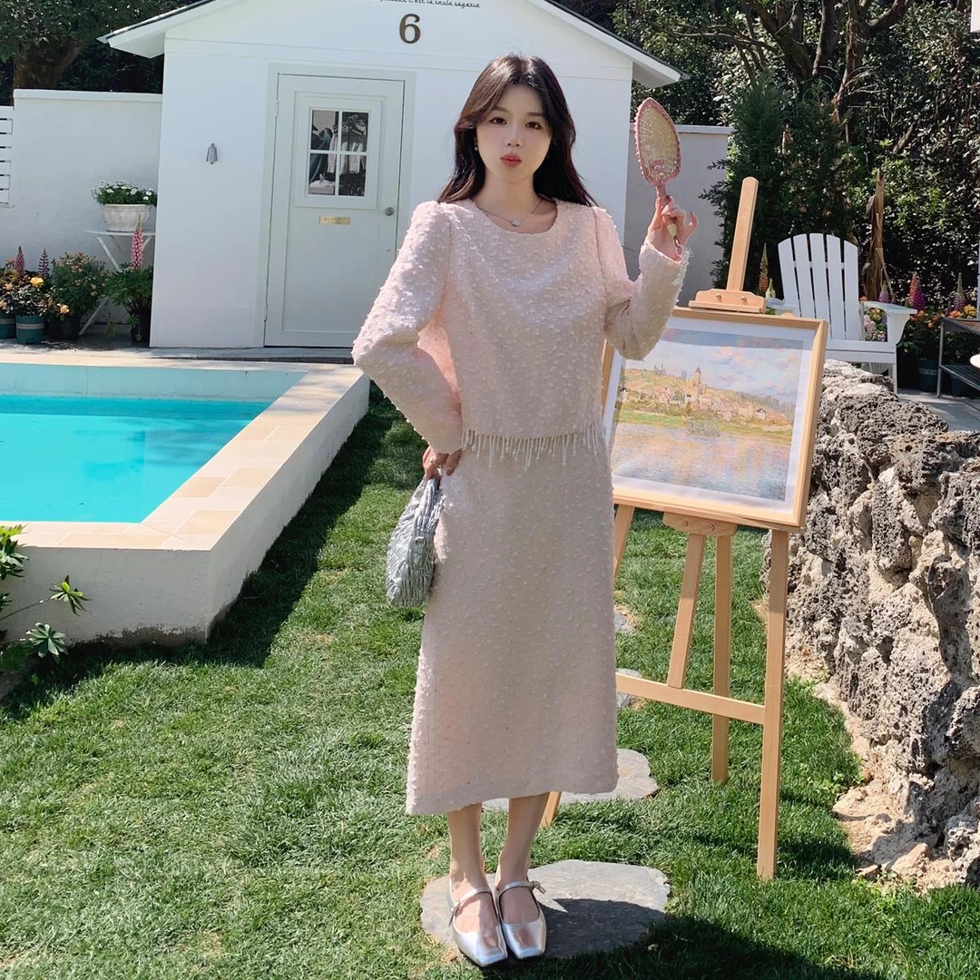 法式粉色流苏小香风套装女春夏2025超火气质名媛上衣半身裙两件套