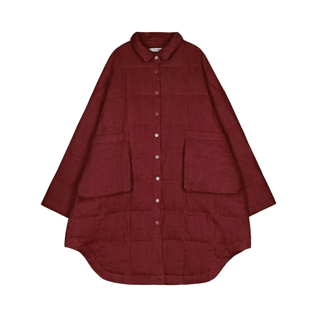 禾记年【云裊】汉麻翻领休闲宽松白鸭绒过膝中长款羽绒服红色国风