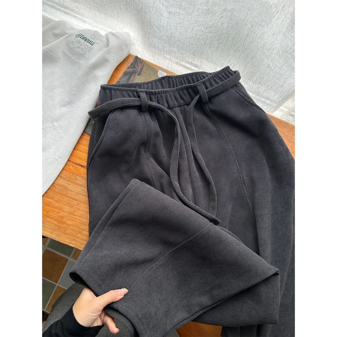 黑灰色阔腿弯刀裤女秋冬加绒大码胖mm梨型身材高腰显瘦宽松休闲裤