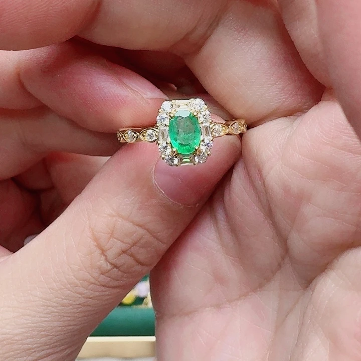 祖母绿戒指银S925镶嵌戒指