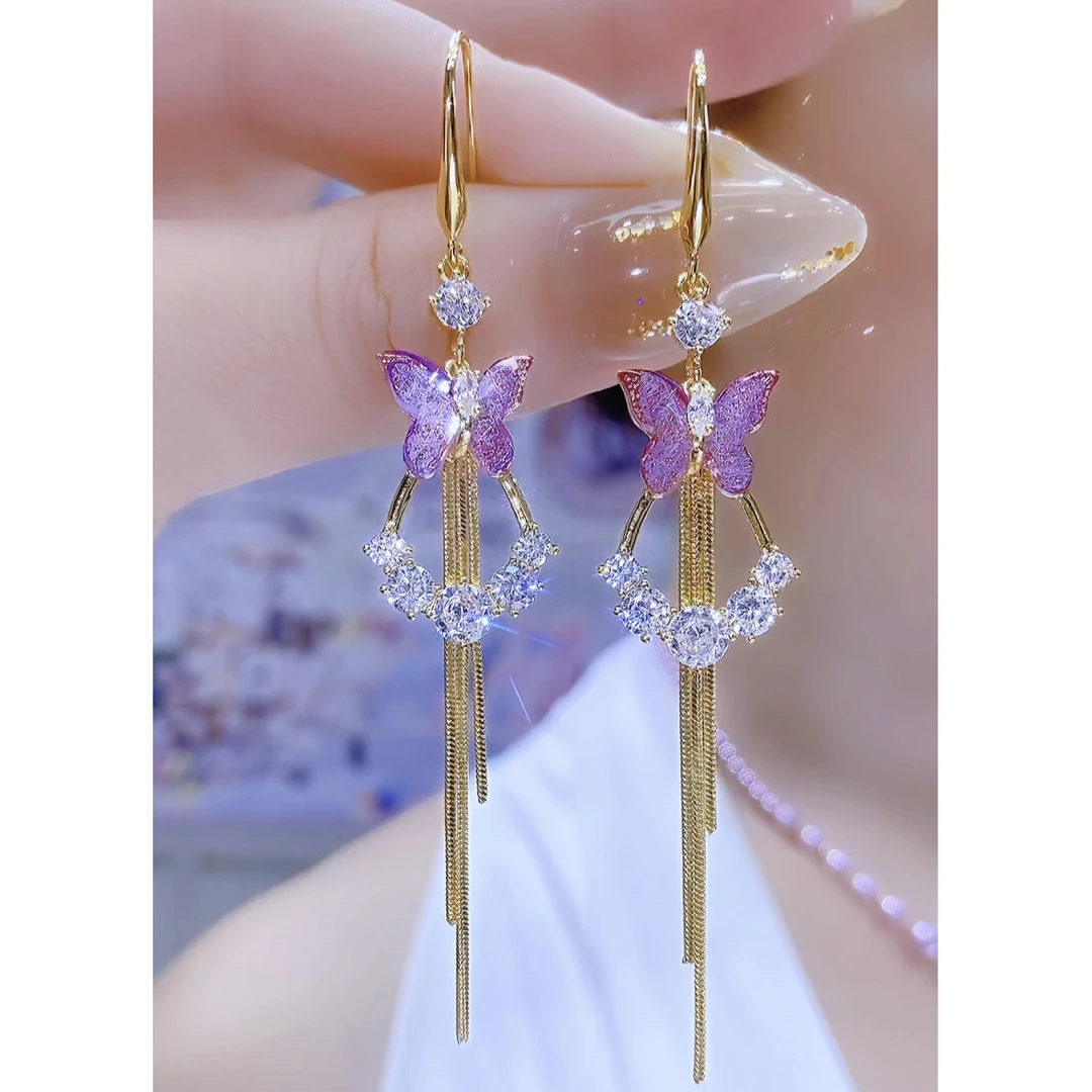 铜合金合成锆石耳饰 时尚气质轻奢个性长款蝴蝶流苏耳环