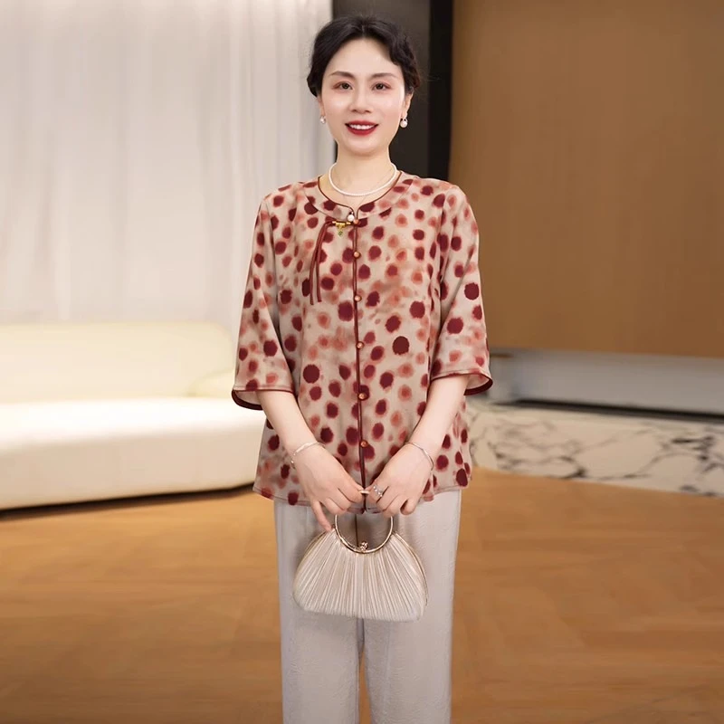 妈妈夏装短袖洋气套装2025新款中老年女装时尚大码新中式两件套装