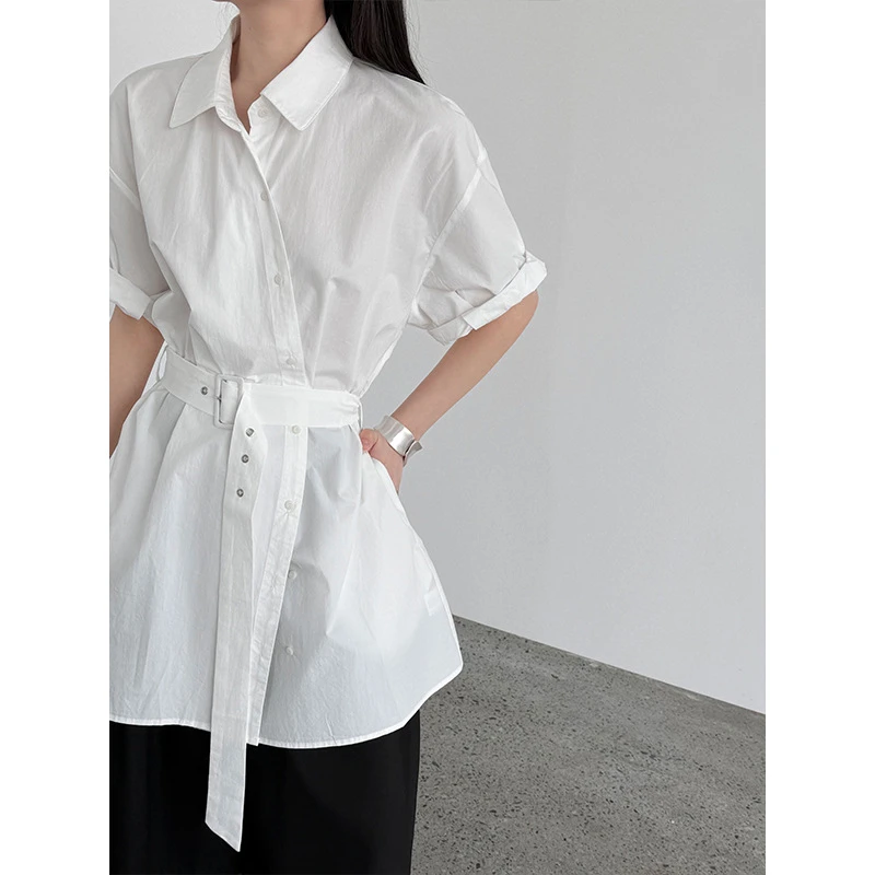 韩系小众设计感腰带衬衫女2025夏季新款扣袢绑带收腰短袖上衣